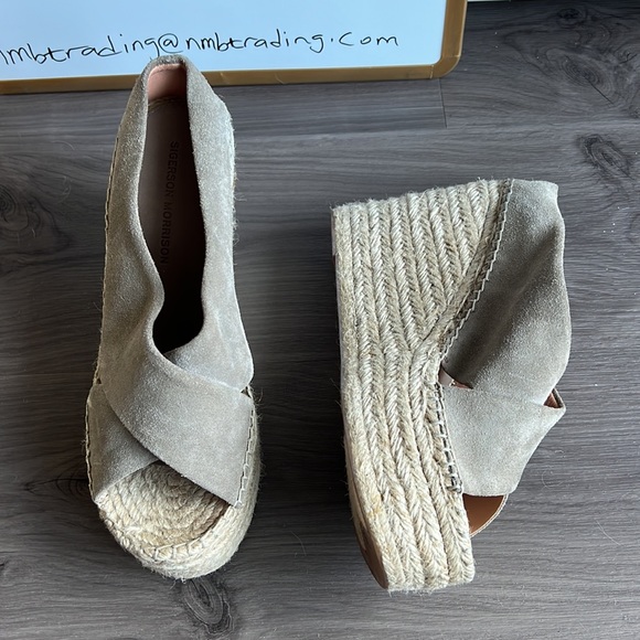 Sigerson Morrison sueded gray leather cork platform wedge slip on peep toe wedge - Picture 15 of 16